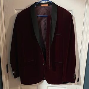 St. Patrick Elegant Velvet Burgundy Blazer with Black Lapel, pants,belt & shirt.